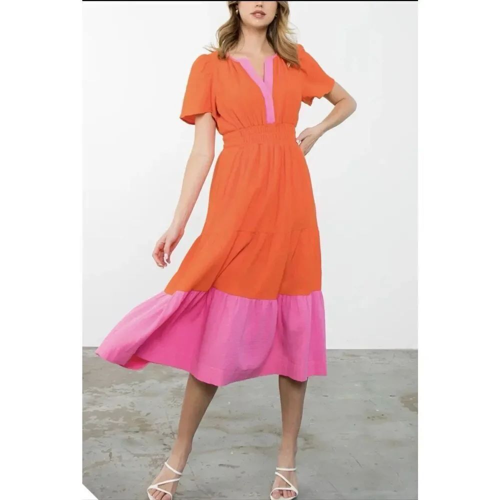 THML Gail Smocked Waist Color Block Orange pink Maxi Ruffle Short Sleeve Medium